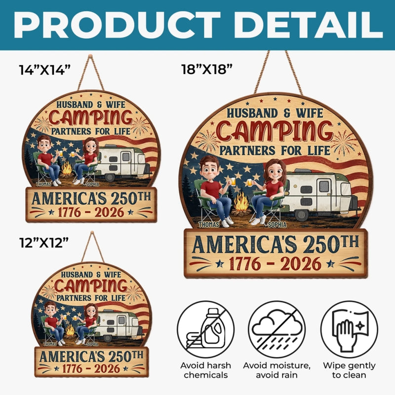 Custom Wood Sign - Personalized America 250th Anniversary, Camping Gifts For Campers, Husband And Wife, Him And Her - Our Happy Camping Place