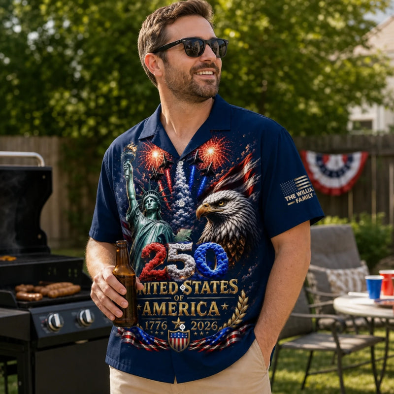 Custom Unisex Tropical Hawaiian Aloha Shirt - Personalized America 250th Anniversary Gifts For Mom, Dad, Brother, Sister, Kids - American Pride Forever