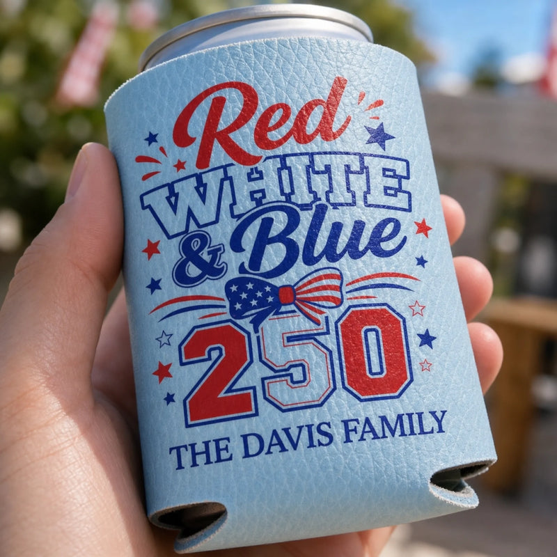 Custom Leather Can Cooler - Personalized America 250th Anniversary Gifts For Mom, Dad, Brother, Sister, Kids - Freedom Lives Here