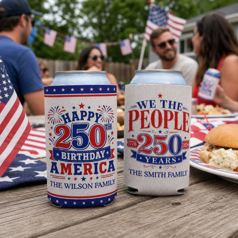 Custom Leather Can Cooler - Personalized America 250th Anniversary Gifts For Mom, Dad, Brother, Sister, Kids - Freedom Lives Here