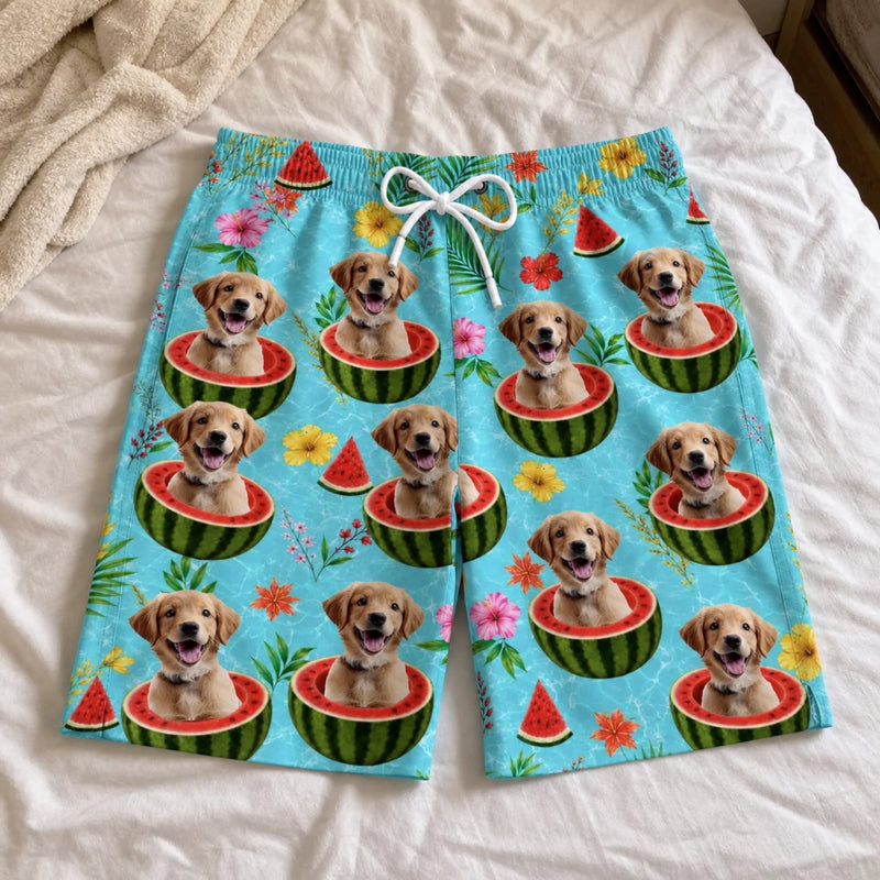 Custom Photo Tropical Hawaiian Aloha Men Beach Shorts - Personalized Summer Vacation And Travel Gifts For Dog Cat Lovers, Dog Dad And Mom, Cat Owners - Sunshine And Wagging Tails