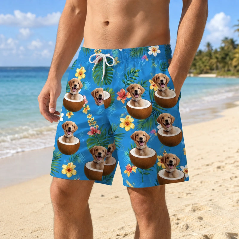 Custom Photo Tropical Hawaiian Aloha Men Beach Shorts - Personalized Summer Vacation And Travel Gifts For Dog Cat Lovers, Dog Dad And Mom, Cat Owners - Sunshine And Wagging Tails
