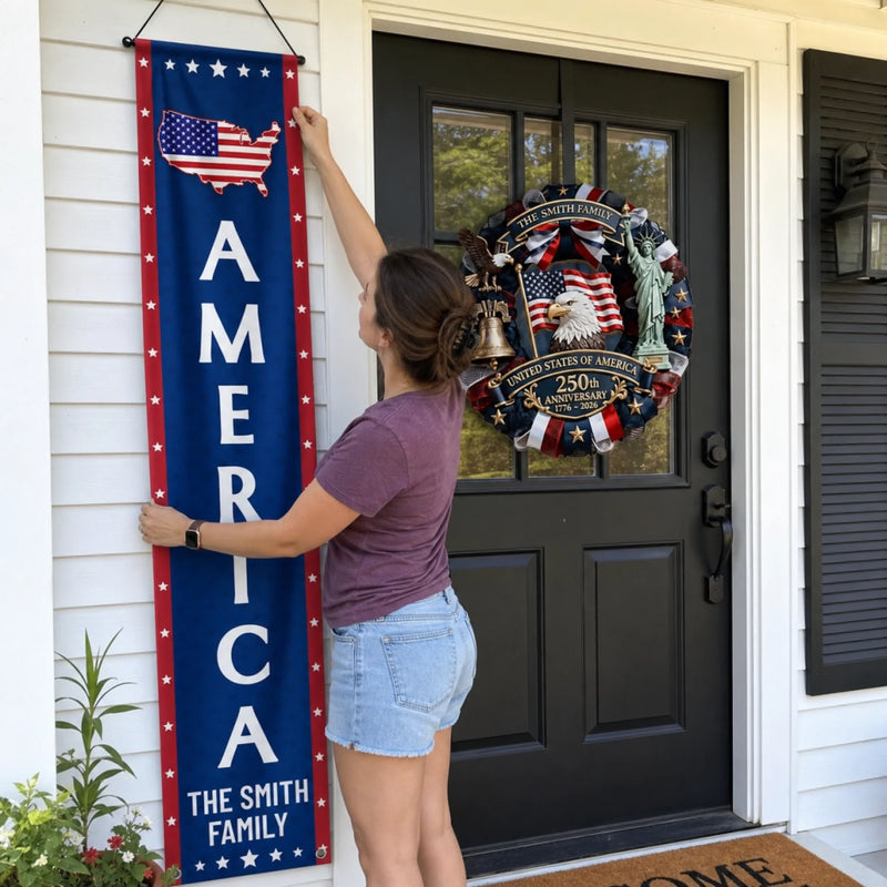 Custom Porch Banner Set - Personalized America 250th Anniversary Gifts For Mom, Dad, Brother, Sister, Kids - Freedom Never Fades