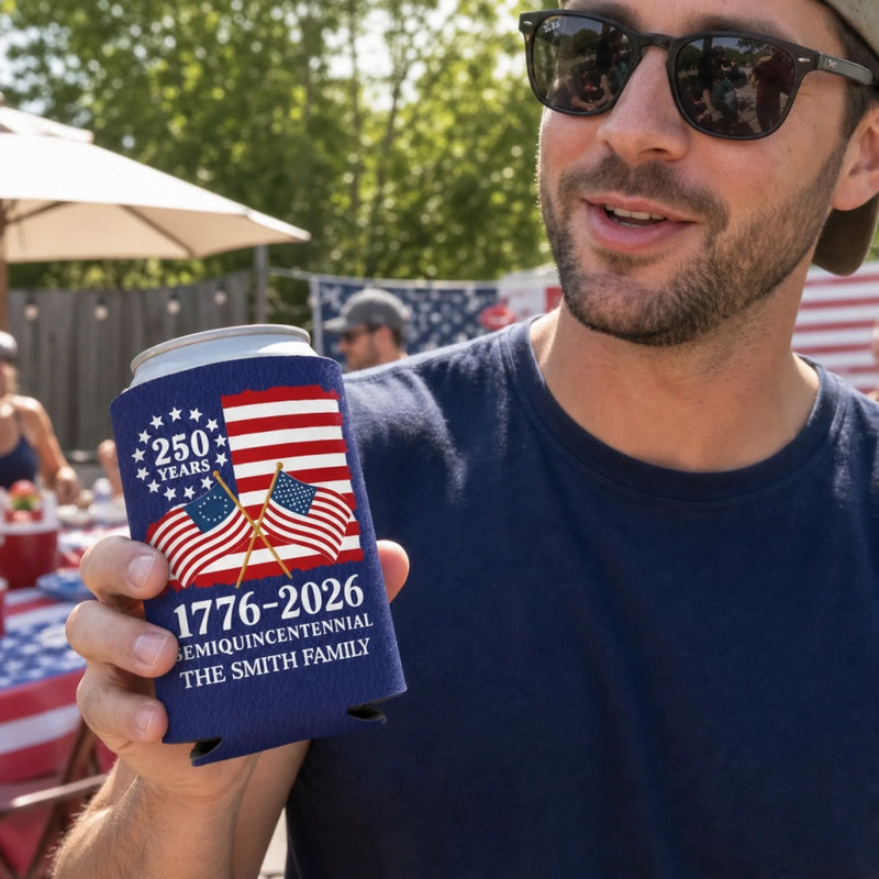 Custom Leather Can Cooler - Personalized America 250th Anniversary Gifts For Mom, Dad, Brother, Sister, Kids - Stars Stripes And Pride