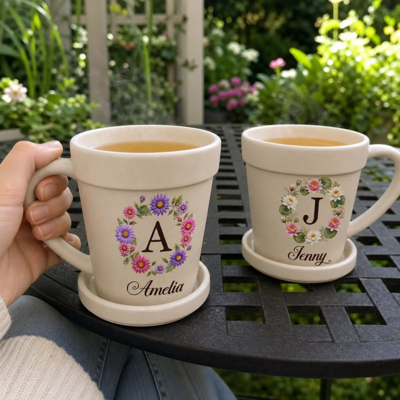 Custom Plant Pot Ceramic Mug - Personalized Birthday Garden Gifts For Gardeners - My Name, My Blooming Wreath