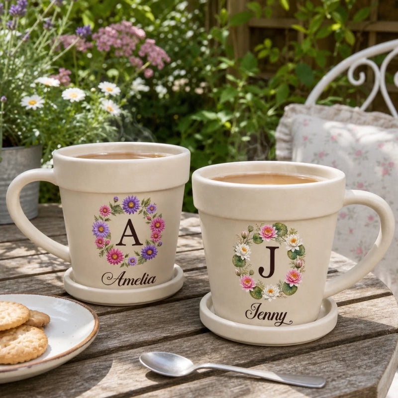 Custom Plant Pot Ceramic Mug - Personalized Birthday Garden Gifts For Gardeners - My Name, My Blooming Wreath