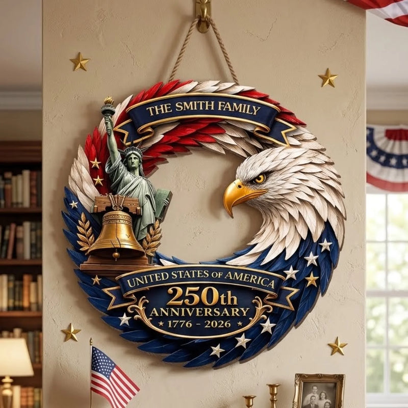 Custom Wood Sign - Personalized America 250th Anniversary Gifts For Mom, Dad, Brother, Sister, Kids - Bald Eagle Patriotic