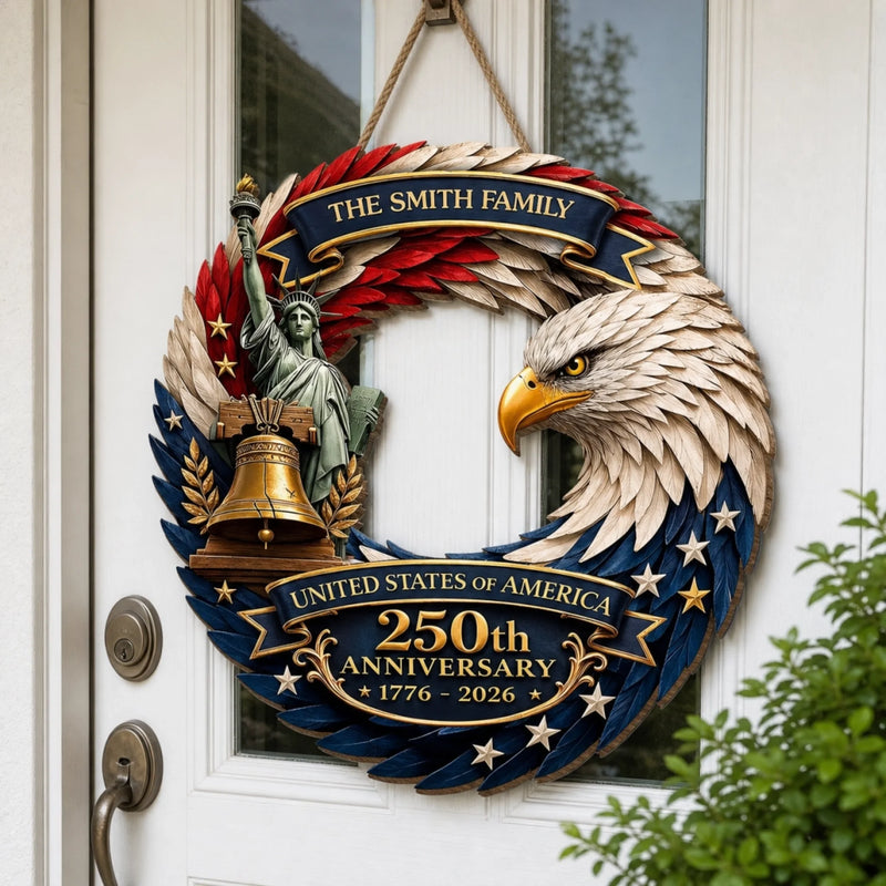 Custom Wood Sign - Personalized America 250th Anniversary Gifts For Mom, Dad, Brother, Sister, Kids - Bald Eagle Patriotic
