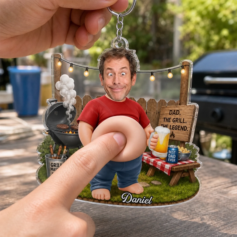 Custom Photo Dad Bod Belly Squishy Acrylic Keychain - Personalized Funny Gifts For Dad, Grandpa - Powered By Snacks