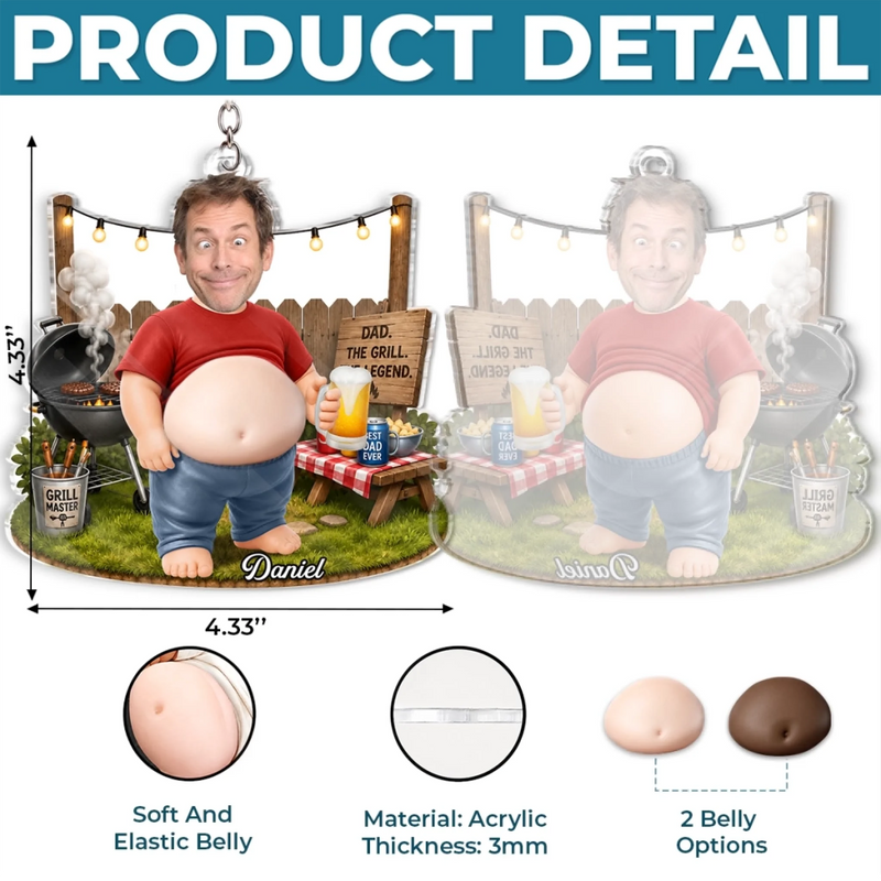 Custom Photo Dad Bod Belly Squishy Acrylic Keychain - Personalized Funny Gifts For Dad, Grandpa - Powered By Snacks