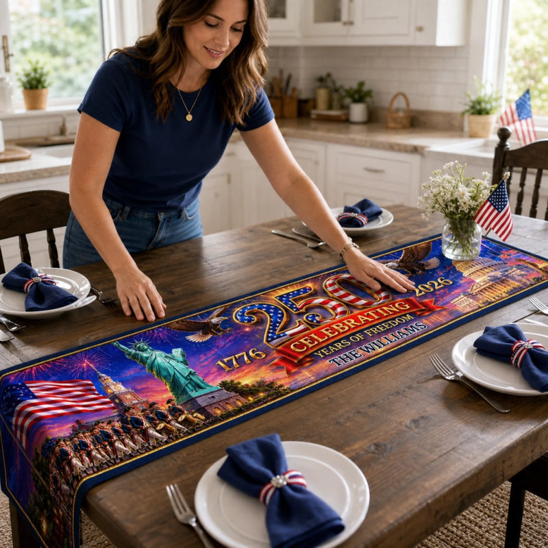 Custom Table Runner - Personalized America 250th Anniversary Gifts For Mom, Dad, Brother, Sister, Kids - Hearts Full Of Pride