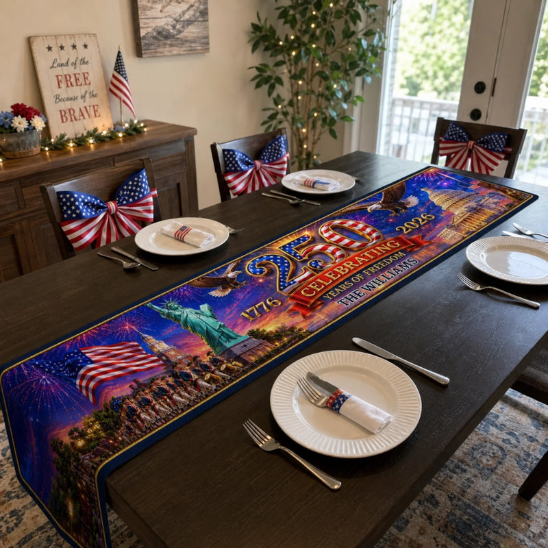 Custom Table Runner - Personalized America 250th Anniversary Gifts For Mom, Dad, Brother, Sister, Kids - Hearts Full Of Pride