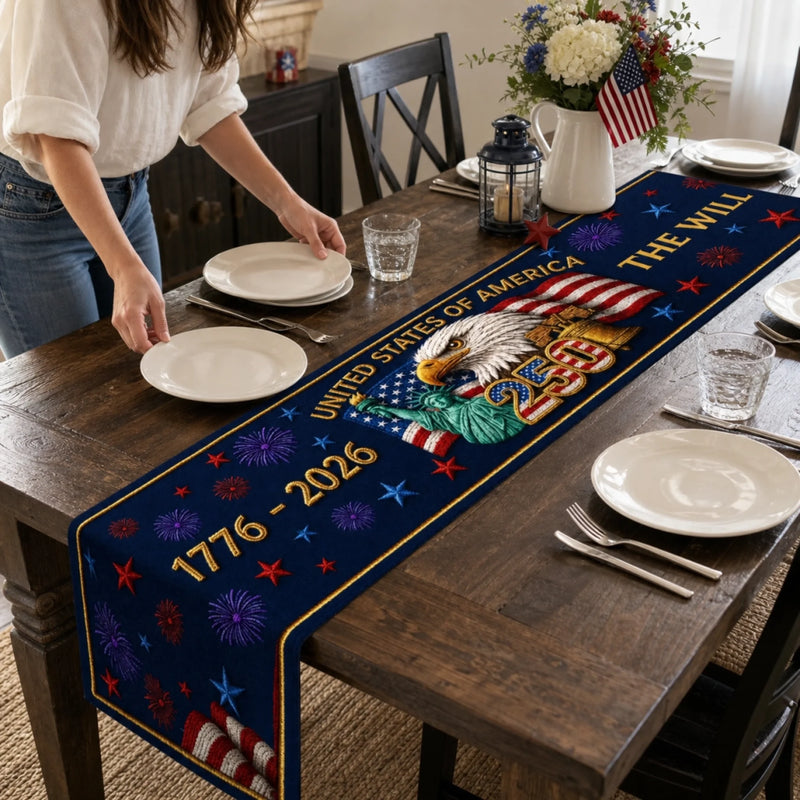 Custom Table Runner - Personalized America 250th Anniversary Gifts For Mom, Dad, Brother, Sister, Kids - Proud Hearts Shine Bright