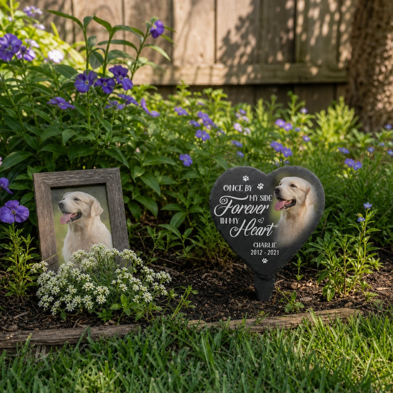 Custom Photo Slate Garden Stake - Personalized Pet Memorial Gifts For Dogs, Cats - Hearts Hold Eternal Memories