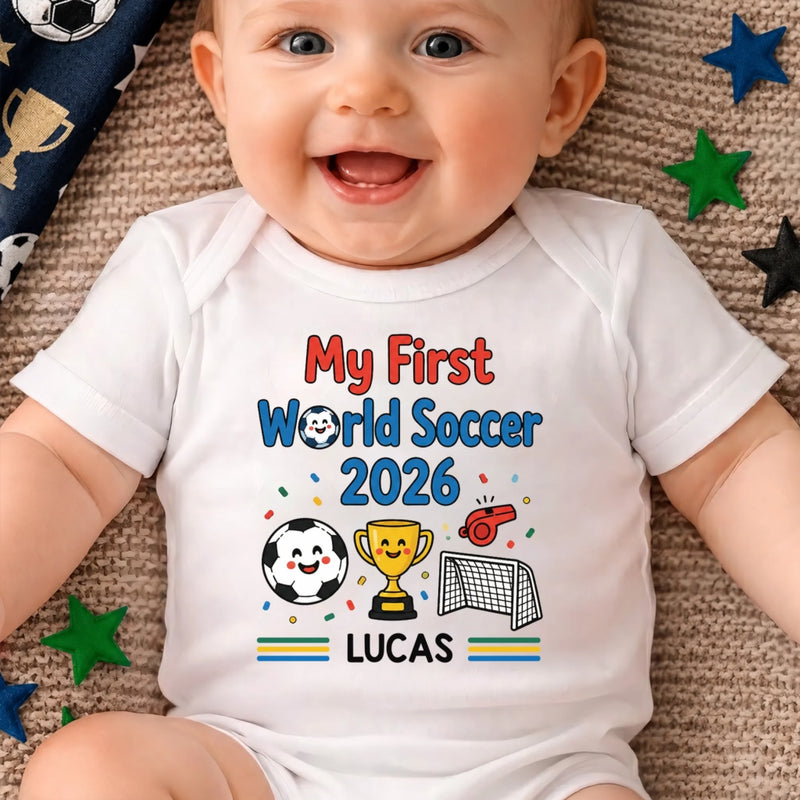 Custom World Football Baby Onesie - Personalized Baby Shower, Gender Reveal Gifts For Football Lovers, New Moms, New Dads - Gold Cup First Win