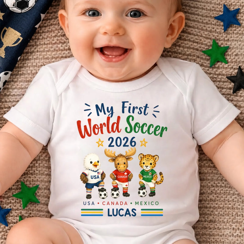 Custom World Football Baby Onesie - Personalized Baby Shower, Gender Reveal Gifts For Football Lovers, New Moms, New Dads - My First Champion Cup