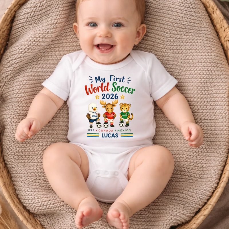 Custom World Football Baby Onesie - Personalized Baby Shower, Gender Reveal Gifts For Football Lovers, New Moms, New Dads - My First Champion Cup