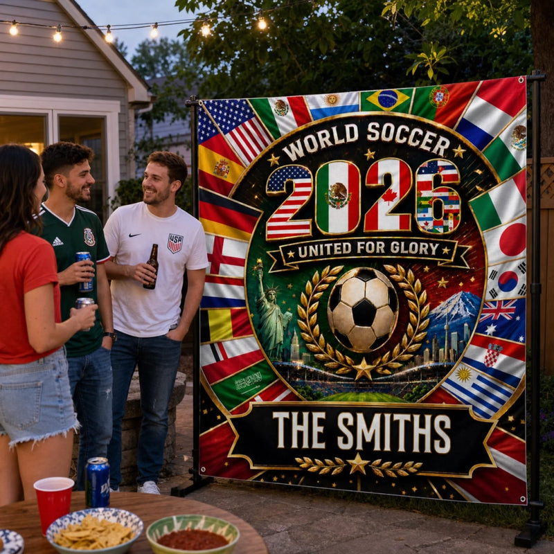 Custom World Football Backdrop - Personalized Birthday Gifts For Football Lovers, Sports Fans, Sports Lovers - United For Global Soccer Glory