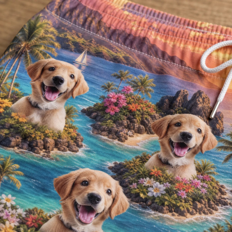 Custom Photo Tropical Hawaiian Aloha Men Beach Shorts - Personalized Summer Vacation And Travel Gifts For Dog Cat Lovers, Dog Dad And Mom, Cat Owners - Paws Sunshine And Smiles