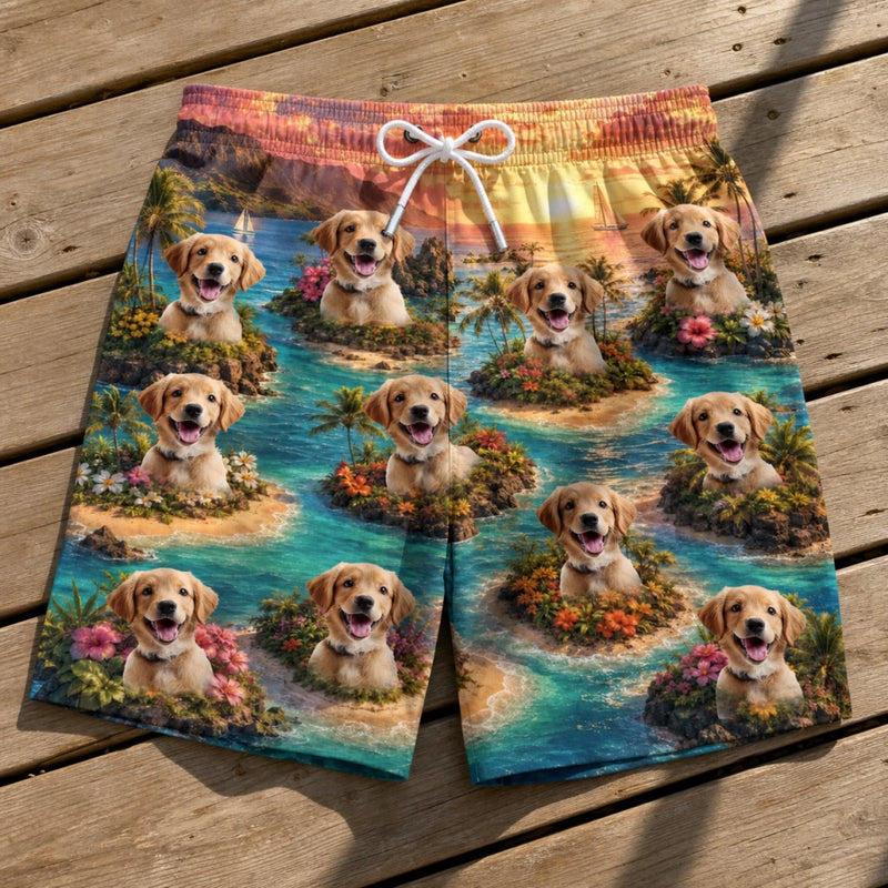 Custom Photo Tropical Hawaiian Aloha Men Beach Shorts - Personalized Summer Vacation And Travel Gifts For Dog Cat Lovers, Dog Dad And Mom, Cat Owners - Paws Sunshine And Smiles