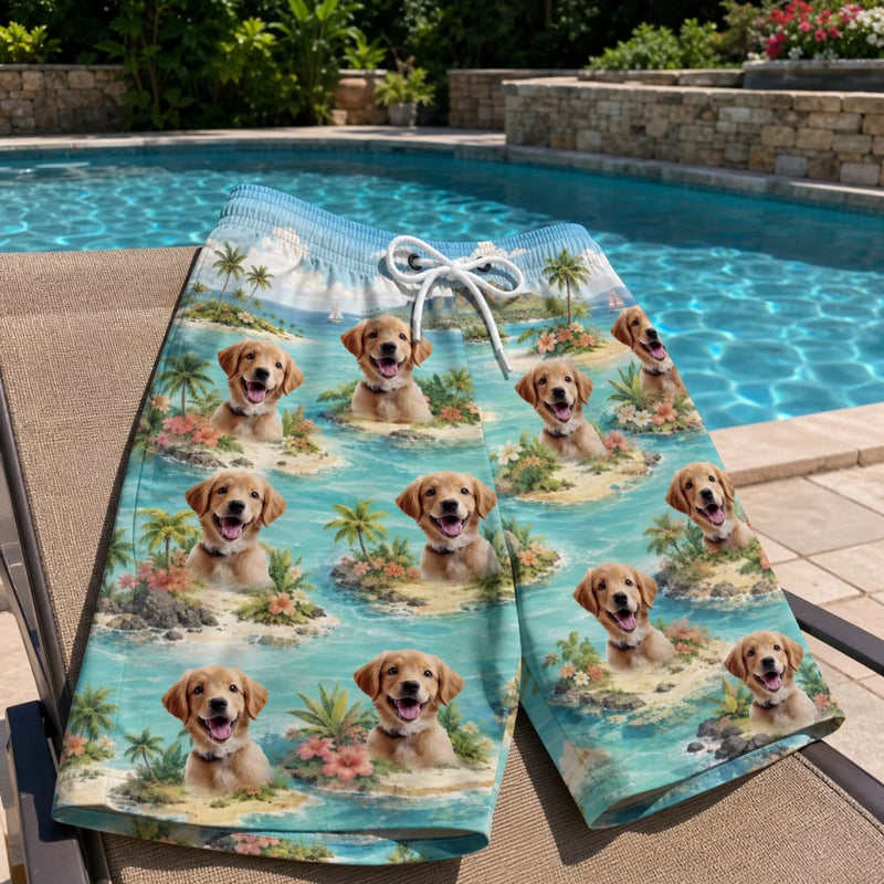 Custom Photo Tropical Hawaiian Aloha Men Beach Shorts - Personalized Summer Vacation And Travel Gifts For Dog Cat Lovers, Dog Dad And Mom, Cat Owners - Paws Sunshine And Smiles