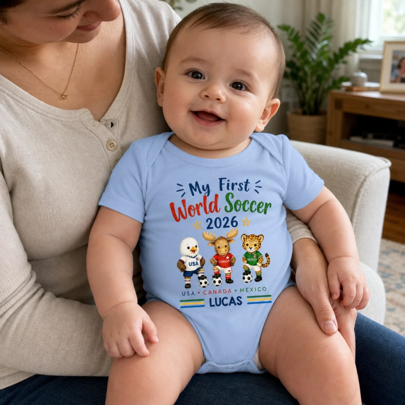 Custom World Football Baby Onesie - Personalized Baby Shower, Gender Reveal Gifts For Football Lovers, New Moms, New Dads - My First Champion Cup