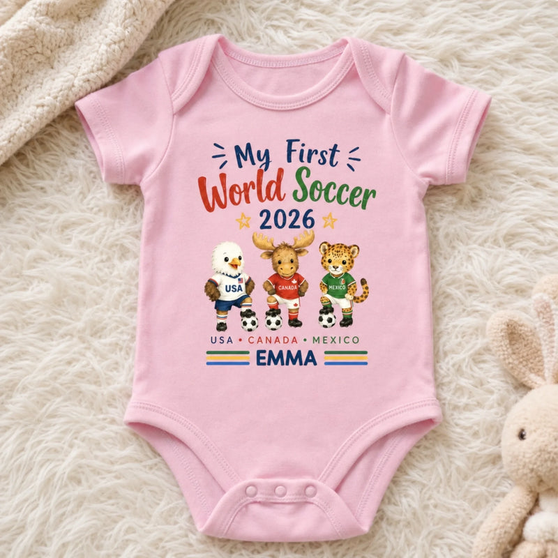 Custom World Football Baby Onesie - Personalized Baby Shower, Gender Reveal Gifts For Football Lovers, New Moms, New Dads - My First Champion Cup
