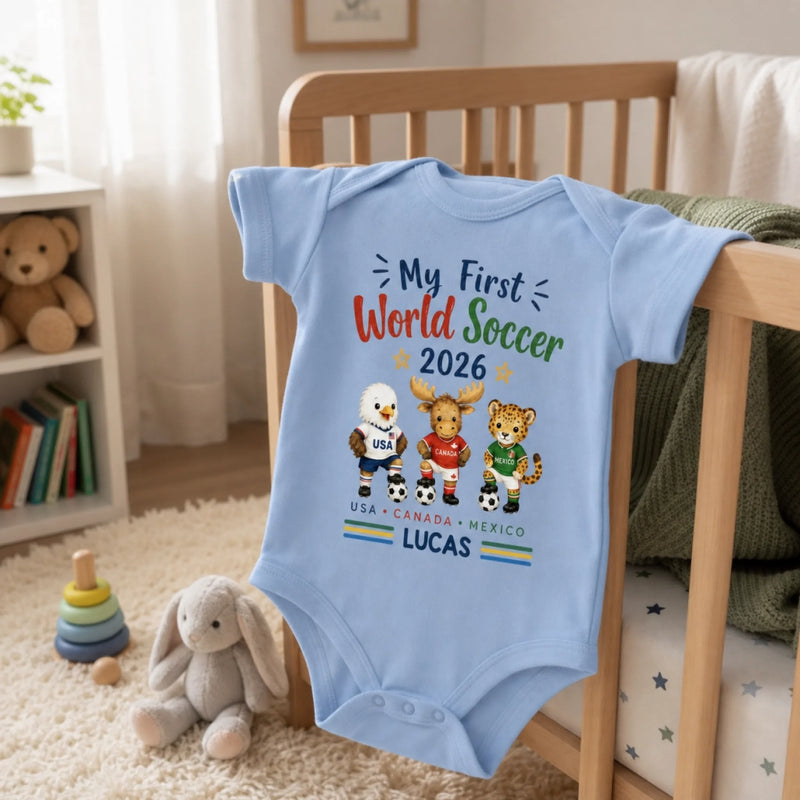 Custom World Football Baby Onesie - Personalized Baby Shower, Gender Reveal Gifts For Football Lovers, New Moms, New Dads - My First Champion Cup