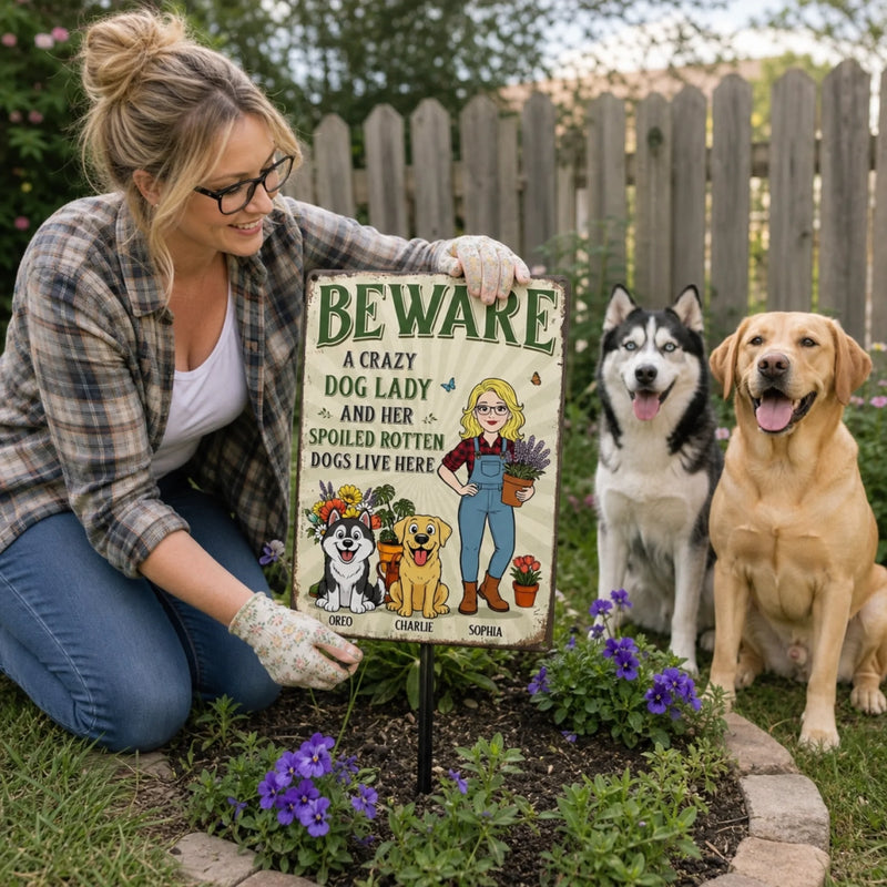 Custom Home Decor Metal Sign - Personalized  Birthday Garden Gifts For Gardeners, Dog Lovers, Dog Dad And Mom - The Crazy Dog Lady Lives Here