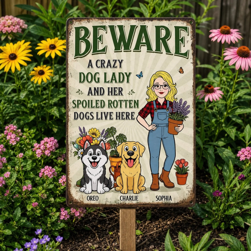 Custom Home Decor Metal Sign - Personalized  Birthday Garden Gifts For Gardeners, Dog Lovers, Dog Dad And Mom - The Crazy Dog Lady Lives Here