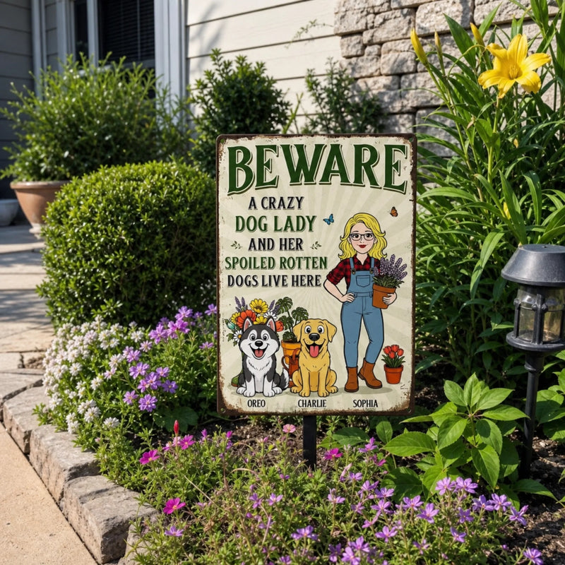 Custom Home Decor Metal Sign - Personalized  Birthday Garden Gifts For Gardeners, Dog Lovers, Dog Dad And Mom - The Crazy Dog Lady Lives Here