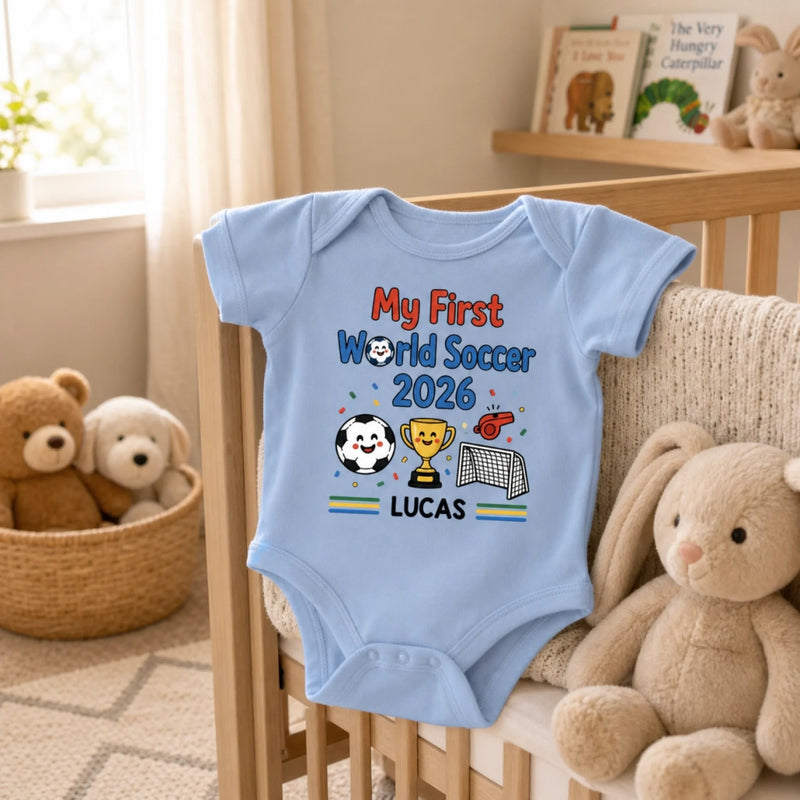 Custom World Football Baby Onesie - Personalized Baby Shower, Gender Reveal Gifts For Football Lovers, New Moms, New Dads - Gold Cup First Win