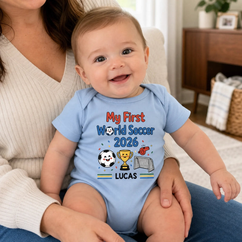 Custom World Football Baby Onesie - Personalized Baby Shower, Gender Reveal Gifts For Football Lovers, New Moms, New Dads - Gold Cup First Win