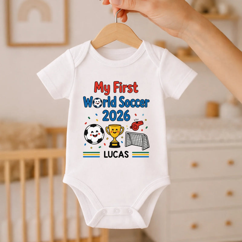 Custom World Football Baby Onesie - Personalized Baby Shower, Gender Reveal Gifts For Football Lovers, New Moms, New Dads - Gold Cup First Win
