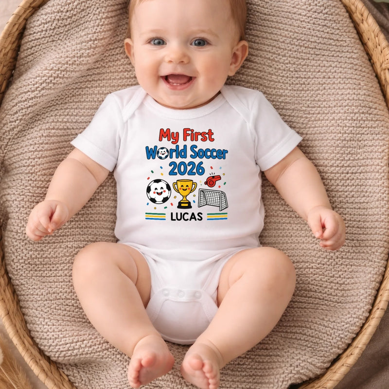 Custom World Football Baby Onesie - Personalized Baby Shower, Gender Reveal Gifts For Football Lovers, New Moms, New Dads - Gold Cup First Win