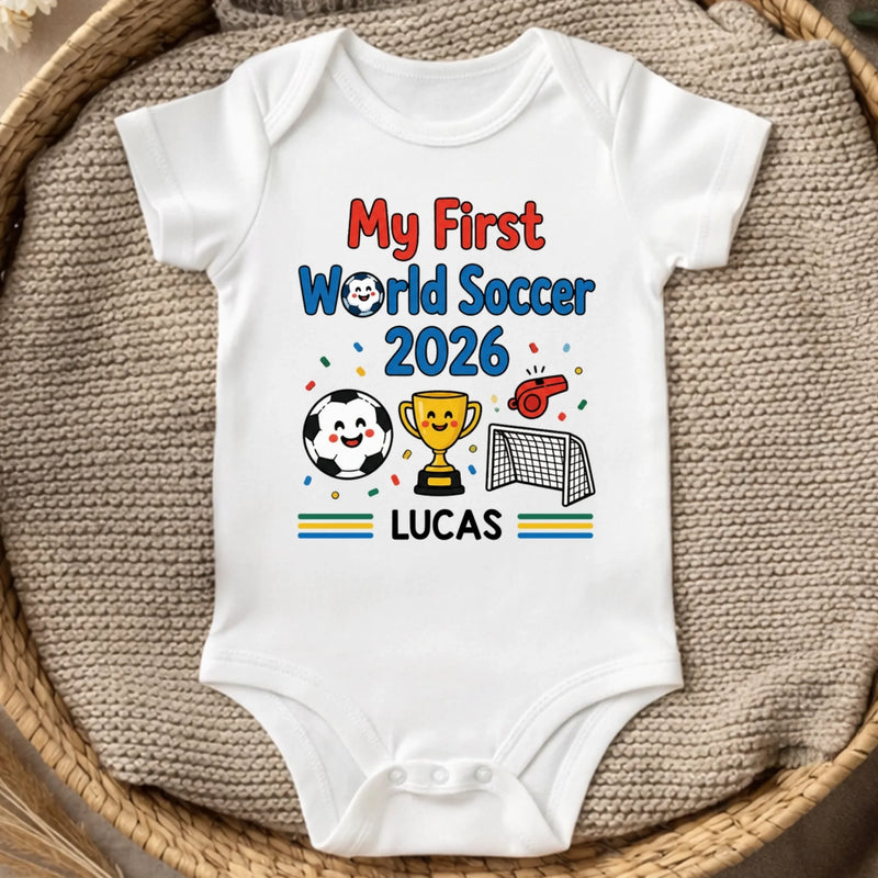 Custom World Football Baby Onesie - Personalized Baby Shower, Gender Reveal Gifts For Football Lovers, New Moms, New Dads - Gold Cup First Win