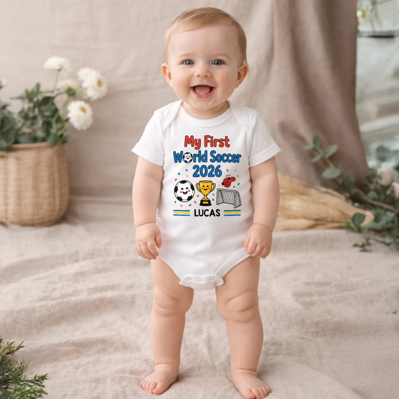 Custom World Football Baby Onesie - Personalized Baby Shower, Gender Reveal Gifts For Football Lovers, New Moms, New Dads - Gold Cup First Win