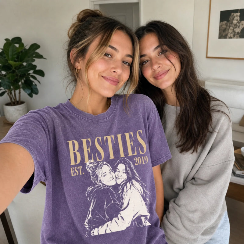 Custom Photo Washed Cotton T-shirt - Personalized Best Friend Birthday Gifts For Women, Besties, Sisters, BFF - Still Rocking Together After All These Years
