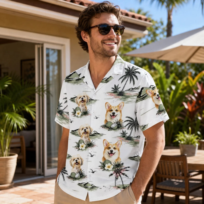 Custom Photo Unisex Tropical Hawaiian Aloha Shirt - Personalized Summer Vacation And Travel Gifts For Dog Cat Lovers, Dog Dad And Mom, Cat Owners - Sandy Paws Happy Days
