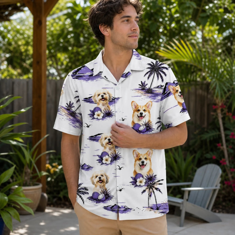 Custom Photo Unisex Tropical Hawaiian Aloha Shirt - Personalized Summer Vacation And Travel Gifts For Dog Cat Lovers, Dog Dad And Mom, Cat Owners - Sandy Paws Happy Days