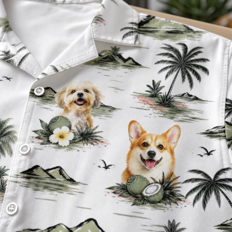 Custom Photo Unisex Tropical Hawaiian Aloha Shirt - Personalized Summer Vacation And Travel Gifts For Dog Cat Lovers, Dog Dad And Mom, Cat Owners - Sandy Paws Happy Days