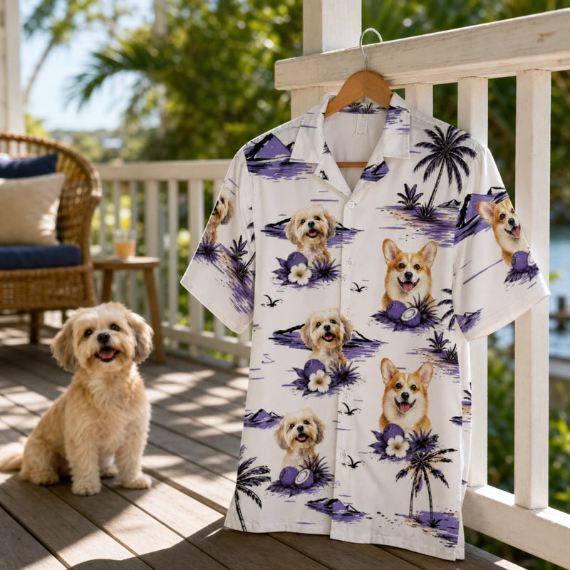 Custom Photo Unisex Tropical Hawaiian Aloha Shirt - Personalized Summer Vacation And Travel Gifts For Dog Cat Lovers, Dog Dad And Mom, Cat Owners - Sandy Paws Happy Days