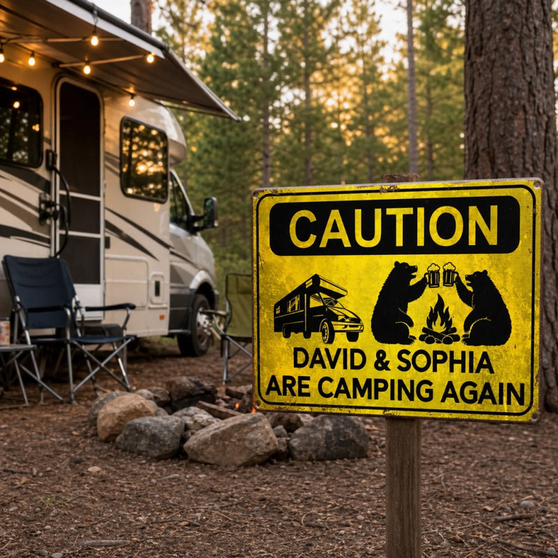 Custom Home Decor Metal Sign - Personalized Birthday Camping Gifts For Campers - Caution Happy Camper Ahead