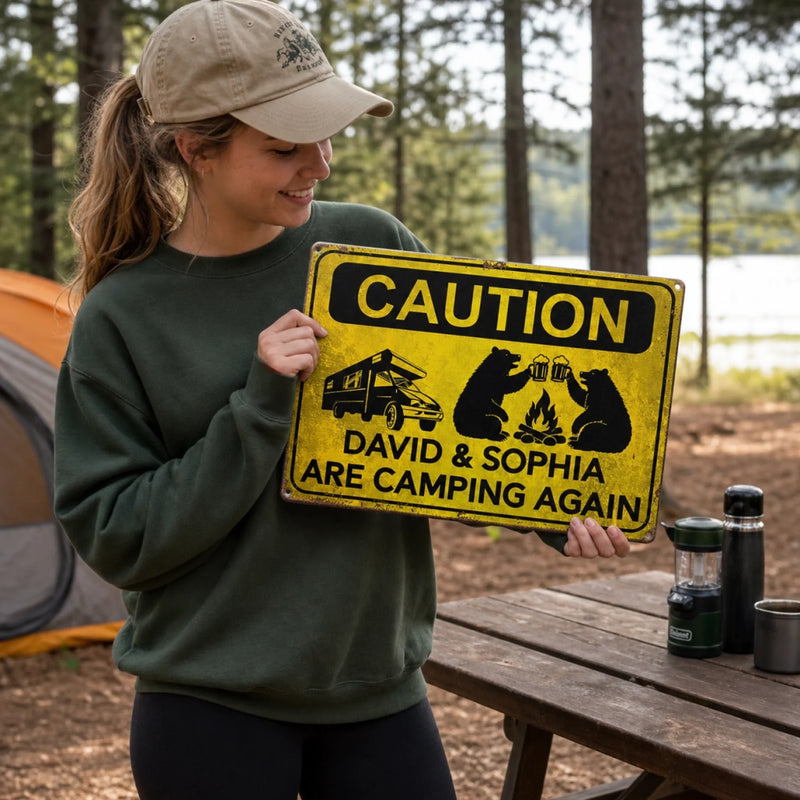 Custom Home Decor Metal Sign - Personalized Birthday Camping Gifts For Campers - Caution Happy Camper Ahead
