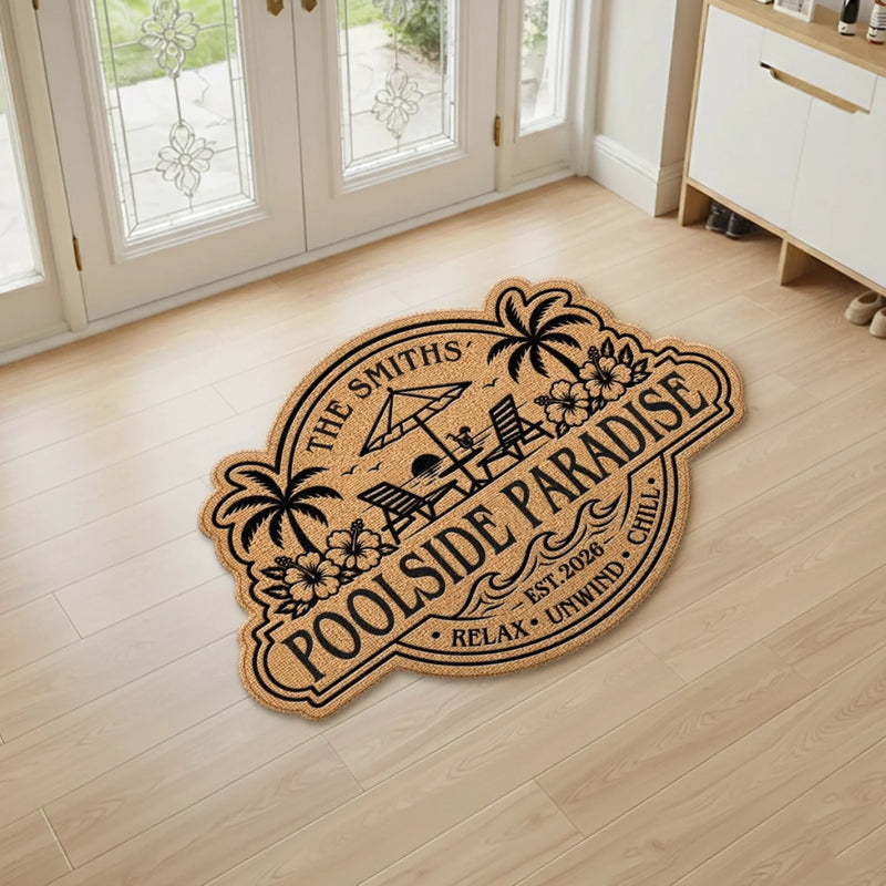 Custom Poolside Shaped Doormat - Personalized Summer Vacation And Travel Gifts For Mom, Dad, Brother, Sister, Kids - Welcome To Our Happy Place