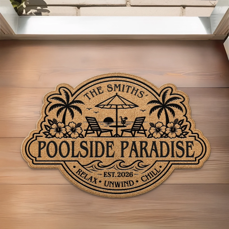 Custom Poolside Shaped Doormat - Personalized Summer Vacation And Travel Gifts For Mom, Dad, Brother, Sister, Kids - Welcome To Our Happy Place