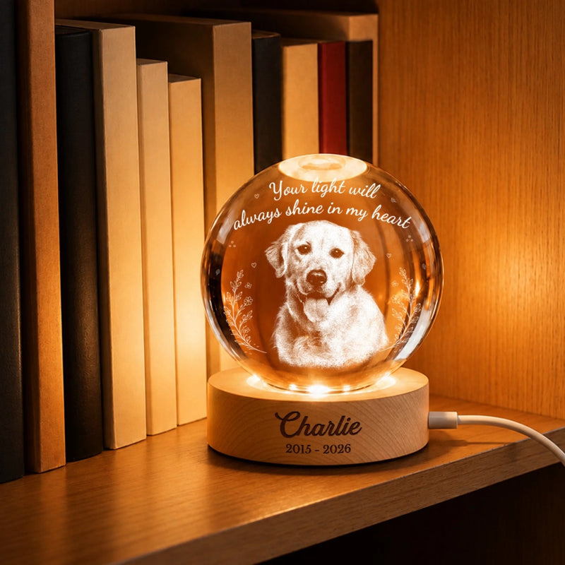 Custom Photo Crystal Globe Lamp - Personalized Pet Memorial Sympathy Gifts For Dogs, Cats - Never Gone From Heart