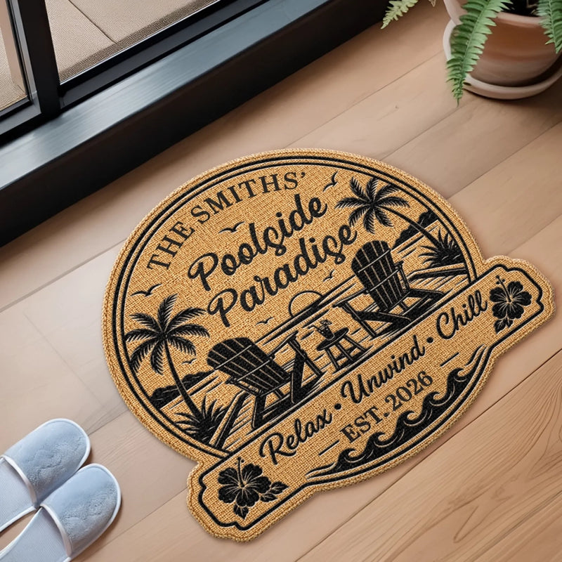 Custom Poolside Shaped Doormat - Personalized Summer Vacation And Travel Gifts For Mom, Dad, Brother, Sister, Kids - Welcome To Our Oasis