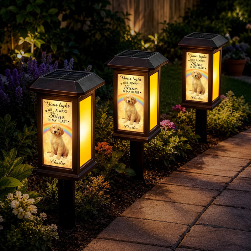 Custom Photo Solar Garden Light - Personalized Pet Memorial Sympathy Gifts For Dogs, Cats - Always Chasing Rainbows