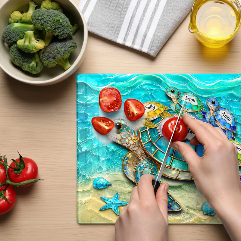 Custom Tempered Glass Cutting Board - Personalized Birthday Gifts For Mom, Grandma - Turtle Love